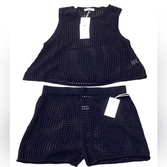 Moon & Madison 2 Piece set Shorts Tank Top Black Crochet Beach Cover up Large - Picture 2 of 9